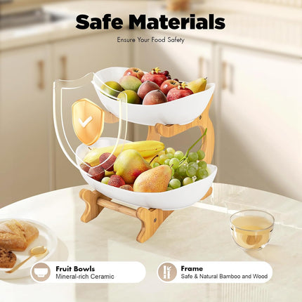 CARLA HOME 2-Tier Ceramic Fruit Bowl Basket with Bamboo Stand for Kitchen Counter, Snack Tray, Dessert Server & Vegetable Storage Rack-1978962258918772740