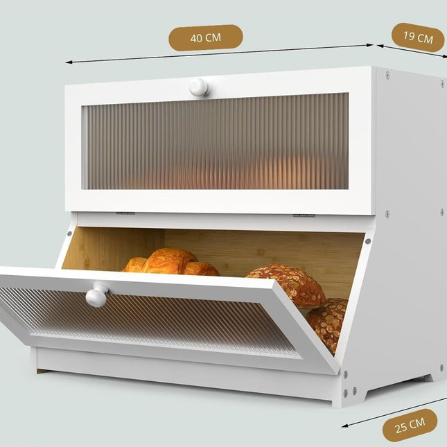 CARLA HOME Double Layer Bamboo Bread Box for Kitchen Counter - Large Capacity Bread Storage Container with Clear Window, Easy Assembly, Farmhouse Style Bread Holder (White)-1978962259090739201
