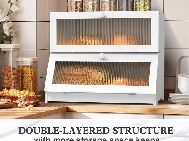 CARLA HOME Double Layer Bamboo Bread Box for Kitchen Counter - Large Capacity Bread Storage Container with Clear Window, Easy Assembly, Farmhouse Style Bread Holder (White)-1978962259090739202