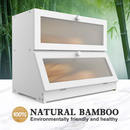 CARLA HOME Double Layer Bamboo Bread Box for Kitchen Counter - Large Capacity Bread Storage Container with Clear Window, Easy Assembly, Farmhouse Style Bread Holder (White)-1978962259090739204