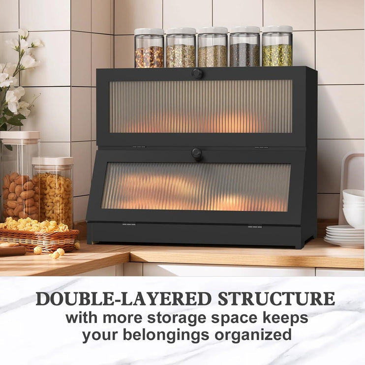 CARLA HOME Double Layer Bamboo Bread Box for Kitchen Counter - Large Capacity Bread Storage Container with Clear Window, Easy Assembly, Farmhouse Style Bread Holder (Black)-1978962259262705666