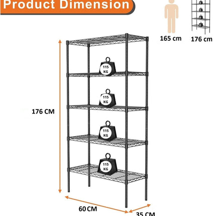 CARLA HOME 5-Tier Adjustable Metal Storage Shelves Wire Rack Organizer for Kitchen, Pantry, Bathroom or Laundry Room (60cm W x 40cm D x 145cm H)-1978962260097372169