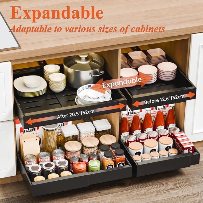 CARLA HOME 2 Pack Pull Out Cabinet Organizer Expandable for Cabinets with Adjustable Slide Out Shelves and Easy Installation (Black)-1978962260428722178