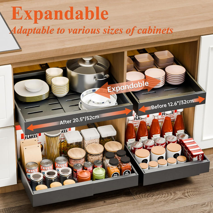 CARLA HOME 2 Pack Pull Out Cabinet Organizer Expandable for Cabinets with Adjustable Slide Out Shelves and Easy Installation (Grey)-1978962260596494338