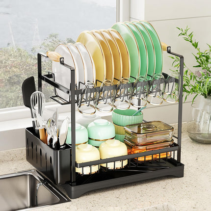 CARLA HOME 2-Tier Large Dish Drying Rack with Drainboard, Utensil Holder, Glass Hooks & Cutlery Storage (Black)-1978962260760072192