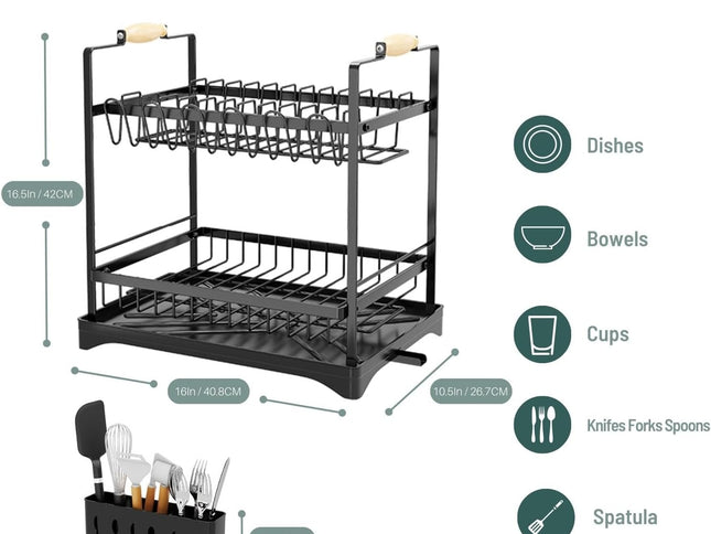 CARLA HOME 2-Tier Large Dish Drying Rack with Drainboard, Utensil Holder, Glass Hooks & Cutlery Storage (Black)-1978962260760072193