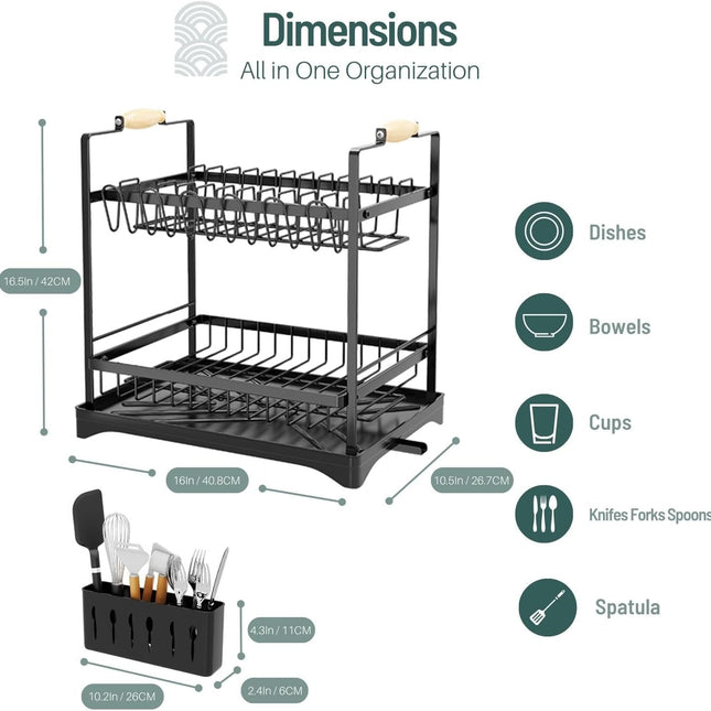 CARLA HOME 2-Tier Large Dish Drying Rack with Drainboard, Utensil Holder, Glass Hooks & Cutlery Storage (Black)-1978962260760072193