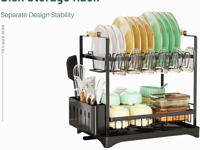 CARLA HOME 2-Tier Large Dish Drying Rack with Drainboard, Utensil Holder, Glass Hooks & Cutlery Storage (Black)-1978962260760072194