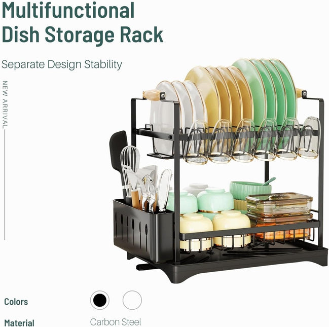 CARLA HOME 2-Tier Large Dish Drying Rack with Drainboard, Utensil Holder, Glass Hooks & Cutlery Storage (Black)-1978962260760072194