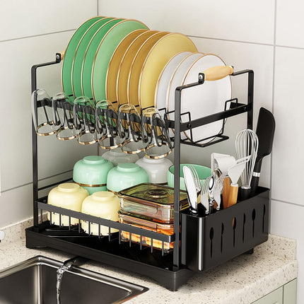CARLA HOME 2-Tier Large Dish Drying Rack with Drainboard, Utensil Holder, Glass Hooks & Cutlery Storage (Black)-1978962260760072199