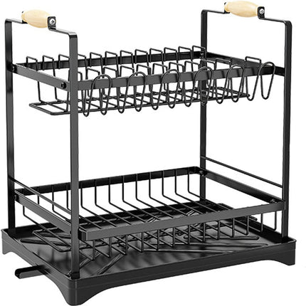 CARLA HOME 2-Tier Large Dish Drying Rack with Drainboard, Utensil Holder, Glass Hooks & Cutlery Storage (Black)-1978962260760072200