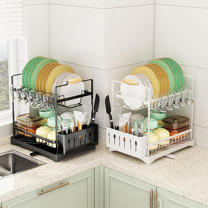 CARLA HOME 2-Tier Large Dish Drying Rack with Drainboard, Utensil Holder, Glass Hooks & Cutlery Storage (White)-1978962260953010185