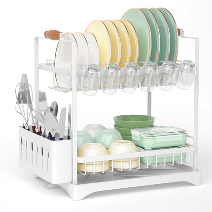 CARLA HOME 2-Tier Large Dish Drying Rack with Drainboard, Utensil Holder, Glass Hooks & Cutlery Storage (White)-1978962260953010176