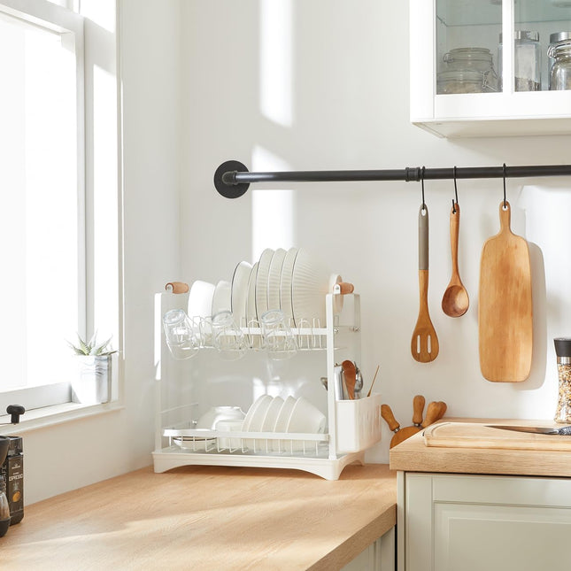 CARLA HOME 2-Tier Large Dish Drying Rack with Drainboard, Utensil Holder, Glass Hooks & Cutlery Storage (White)-1978962260953010177