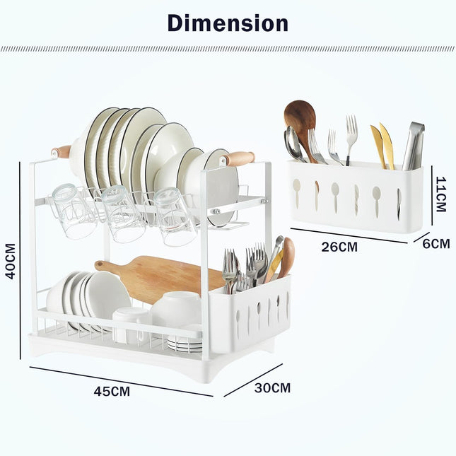 CARLA HOME 2-Tier Large Dish Drying Rack with Drainboard, Utensil Holder, Glass Hooks & Cutlery Storage (White)-1978962260953010178