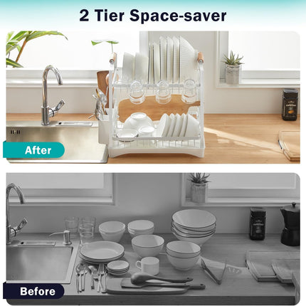 CARLA HOME 2-Tier Large Dish Drying Rack with Drainboard, Utensil Holder, Glass Hooks & Cutlery Storage (White)-1978962260953010179