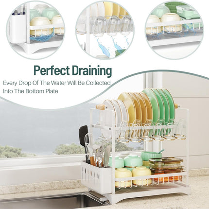 CARLA HOME 2-Tier Large Dish Drying Rack with Drainboard, Utensil Holder, Glass Hooks & Cutlery Storage (White)-1978962260953010180