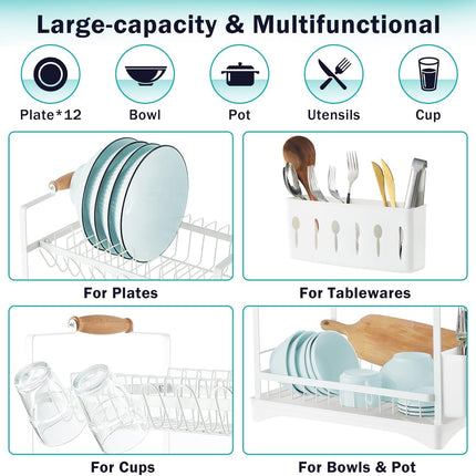 CARLA HOME 2-Tier Large Dish Drying Rack with Drainboard, Utensil Holder, Glass Hooks & Cutlery Storage (White)-1978962260953010181