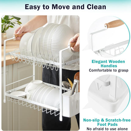 CARLA HOME 2-Tier Large Dish Drying Rack with Drainboard, Utensil Holder, Glass Hooks & Cutlery Storage (White)-1978962260953010183