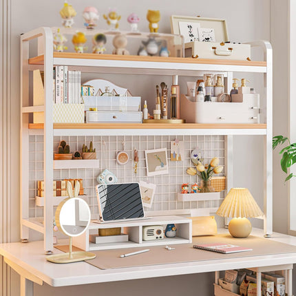 CARLA HOME  2-Tier Metal Desktop Hutch Bookshelf with Grid Panel for Computer Desk and Office Countertop-1978962261632487424