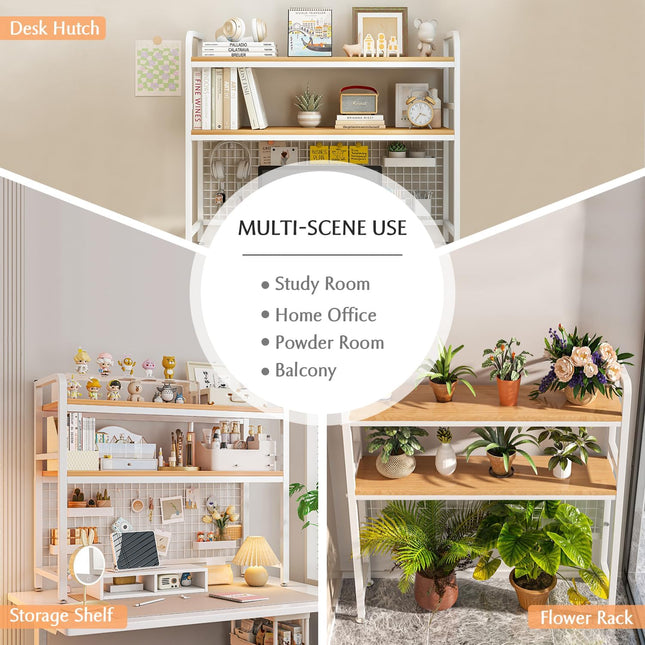 CARLA HOME  2-Tier Metal Desktop Hutch Bookshelf with Grid Panel for Computer Desk and Office Countertop-1978962261632487425