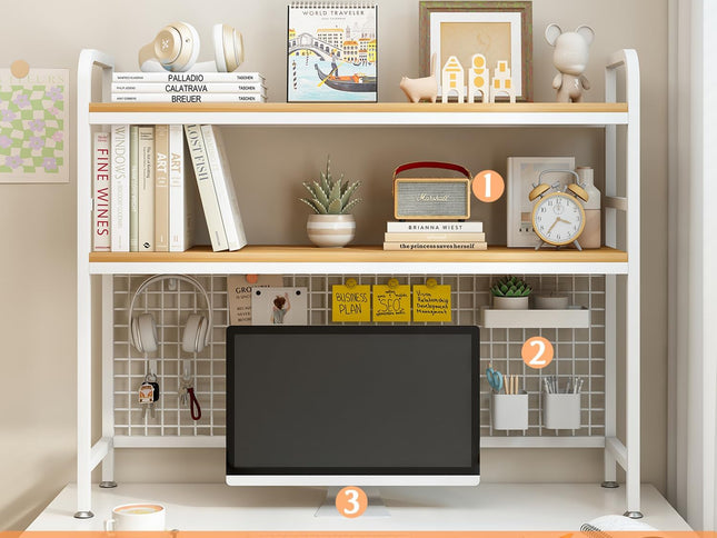 CARLA HOME  2-Tier Metal Desktop Hutch Bookshelf with Grid Panel for Computer Desk and Office Countertop-1978962261632487426