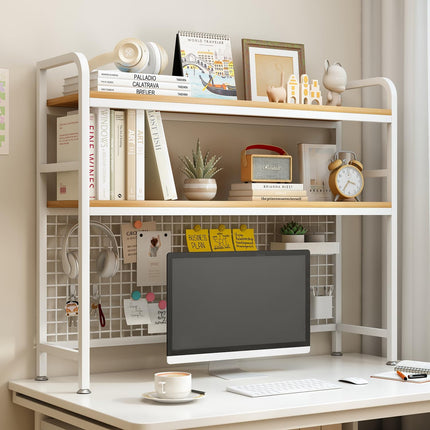 CARLA HOME  2-Tier Metal Desktop Hutch Bookshelf with Grid Panel for Computer Desk and Office Countertop-1978962261632487432