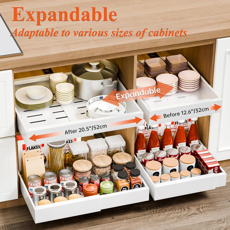 CARLA HOME 2 Pack Pull Out Cabinet Organizer Expandable for Cabinets with Adjustable Slide Out Shelves and Easy Installation (White)-1978962261800259586