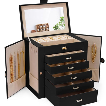 CARLA HOME 6-Layer Large Jewelry Box for Women with Drawers, Mirror, Lock, Necklace Hooks & Side Compartments for Rings, Earrings, Bracelets, Gifts (Black)-1978962262467153920