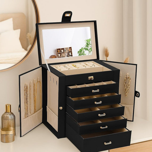 CARLA HOME 6-Layer Large Jewelry Box for Women with Drawers, Mirror, Lock, Necklace Hooks & Side Compartments for Rings, Earrings, Bracelets, Gifts (Black)-1978962262467153921