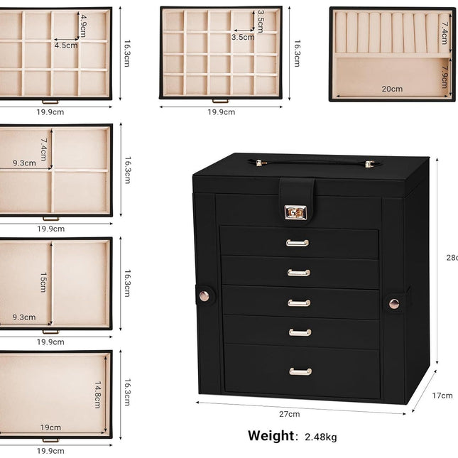 CARLA HOME 6-Layer Large Jewelry Box for Women with Drawers, Mirror, Lock, Necklace Hooks & Side Compartments for Rings, Earrings, Bracelets, Gifts (Black)-1978962262467153922