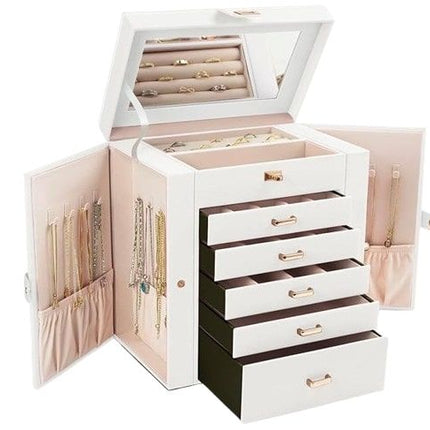 CARLA HOME 6-Layer Large Jewelry Box for Women with Drawers, Mirror, Lock, Necklace Hooks & Side Compartments for Rings, Earrings, Bracelets, Gifts (White)-1978962262630731776