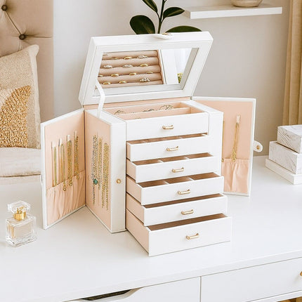 CARLA HOME 6-Layer Large Jewelry Box for Women with Drawers, Mirror, Lock, Necklace Hooks & Side Compartments for Rings, Earrings, Bracelets, Gifts (White)-1978962262630731777