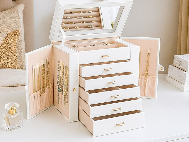 CARLA HOME 6-Layer Large Jewelry Box for Women with Drawers, Mirror, Lock, Necklace Hooks & Side Compartments for Rings, Earrings, Bracelets, Gifts (White)-1978962262630731777