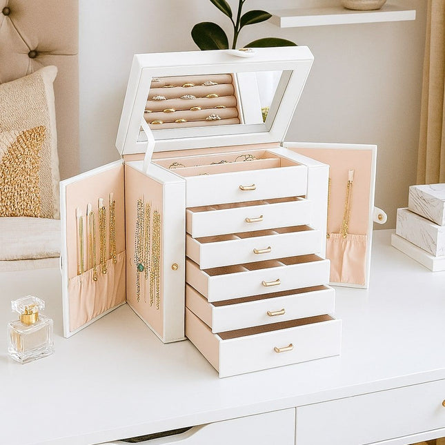 CARLA HOME 6-Layer Large Jewelry Box for Women with Drawers, Mirror, Lock, Necklace Hooks & Side Compartments for Rings, Earrings, Bracelets, Gifts (White)-1978962262630731777