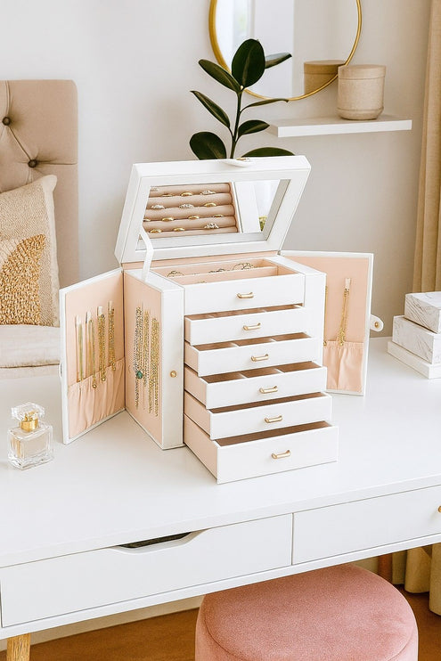 CARLA HOME 6-Layer Large Jewelry Box for Women with Drawers, Mirror, Lock, Necklace Hooks & Side Compartments for Rings, Earrings, Bracelets, Gifts (White)-1978962262630731777
