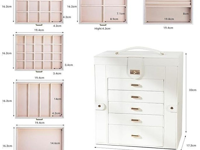 CARLA HOME 6-Layer Large Jewelry Box for Women with Drawers, Mirror, Lock, Necklace Hooks & Side Compartments for Rings, Earrings, Bracelets, Gifts (White)-1978962262630731778