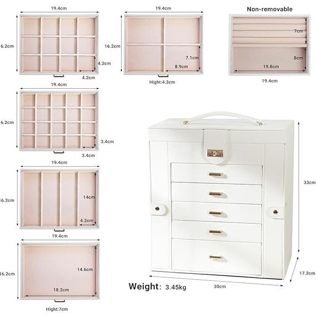 CARLA HOME 6-Layer Large Jewelry Box for Women with Drawers, Mirror, Lock, Necklace Hooks & Side Compartments for Rings, Earrings, Bracelets, Gifts (White)-1978962262630731778