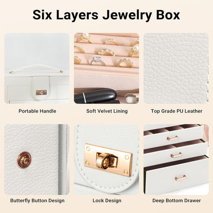 CARLA HOME 6-Layer Large Jewelry Box for Women with Drawers, Mirror, Lock, Necklace Hooks & Side Compartments for Rings, Earrings, Bracelets, Gifts (White)-1978962262630731780
