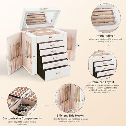 CARLA HOME 6-Layer Large Jewelry Box for Women with Drawers, Mirror, Lock, Necklace Hooks & Side Compartments for Rings, Earrings, Bracelets, Gifts (White)-1978962262630731781