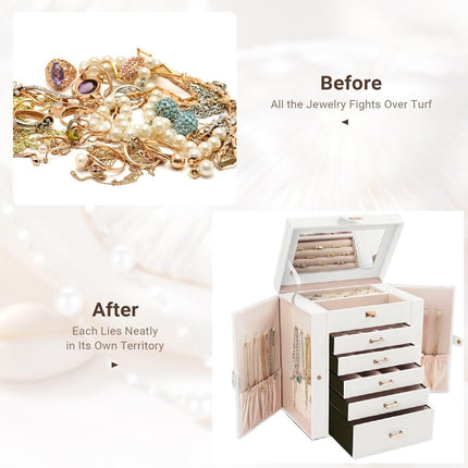 CARLA HOME 6-Layer Large Jewelry Box for Women with Drawers, Mirror, Lock, Necklace Hooks & Side Compartments for Rings, Earrings, Bracelets, Gifts (White)-1978962262630731782