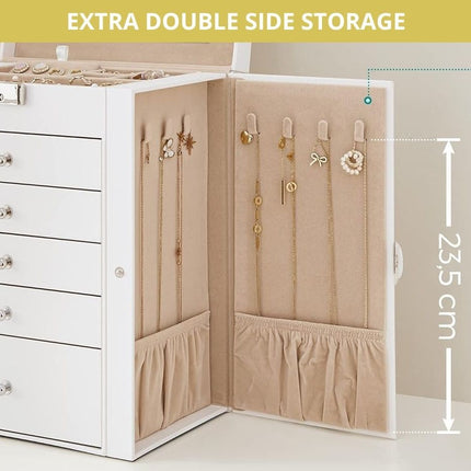 CARLA HOME 6-Layer Large Jewelry Box for Women with Drawers, Mirror, Lock, Necklace Hooks & Side Compartments for Rings, Earrings, Bracelets, Gifts (White)-1978962262630731783