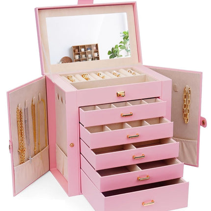 CARLA HOME 6-Layer Large Jewelry Box for Women with Drawers, Mirror, Lock, Necklace Hooks & Side Compartments for Rings, Earrings, Bracelets, Gifts (Pink)-1978962262815281152
