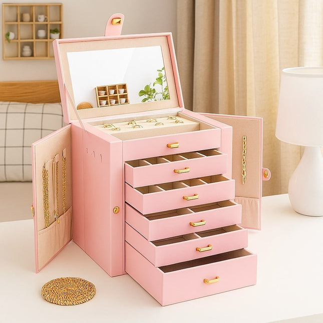 CARLA HOME 6-Layer Large Jewelry Box for Women with Drawers, Mirror, Lock, Necklace Hooks & Side Compartments for Rings, Earrings, Bracelets, Gifts (Pink)-1978962262815281153