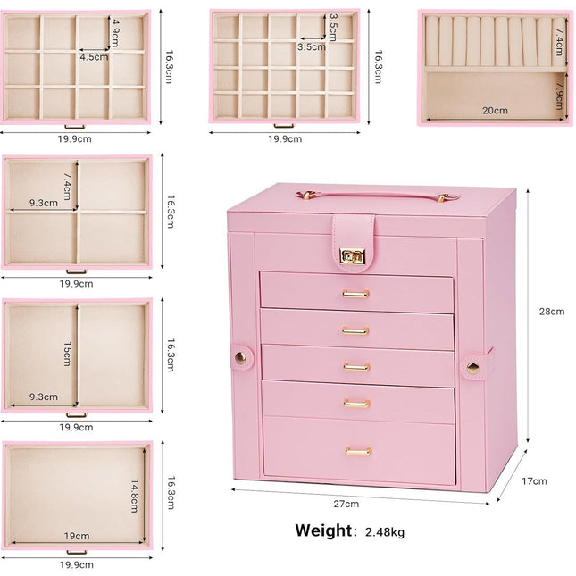 CARLA HOME 6-Layer Large Jewelry Box for Women with Drawers, Mirror, Lock, Necklace Hooks & Side Compartments for Rings, Earrings, Bracelets, Gifts (Pink)-1978962262815281154