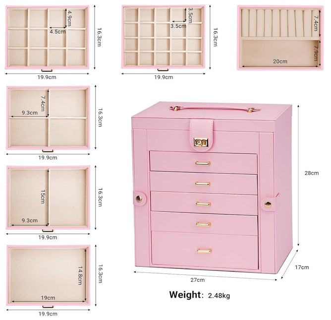 CARLA HOME 6-Layer Large Jewelry Box for Women with Drawers, Mirror, Lock, Necklace Hooks & Side Compartments for Rings, Earrings, Bracelets, Gifts (Pink)-1978962262815281154