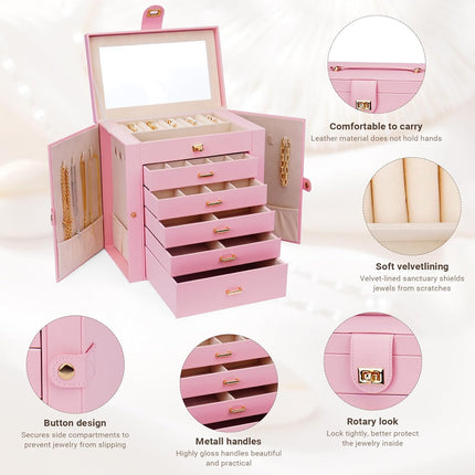 CARLA HOME 6-Layer Large Jewelry Box for Women with Drawers, Mirror, Lock, Necklace Hooks & Side Compartments for Rings, Earrings, Bracelets, Gifts (Pink)-1978962262815281156