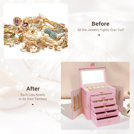 CARLA HOME 6-Layer Large Jewelry Box for Women with Drawers, Mirror, Lock, Necklace Hooks & Side Compartments for Rings, Earrings, Bracelets, Gifts (Pink)-1978962262815281157