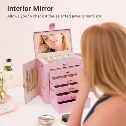 CARLA HOME 6-Layer Large Jewelry Box for Women with Drawers, Mirror, Lock, Necklace Hooks & Side Compartments for Rings, Earrings, Bracelets, Gifts (Pink)-1978962262815281158
