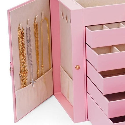 CARLA HOME 6-Layer Large Jewelry Box for Women with Drawers, Mirror, Lock, Necklace Hooks & Side Compartments for Rings, Earrings, Bracelets, Gifts (Pink)-1978962262815281159